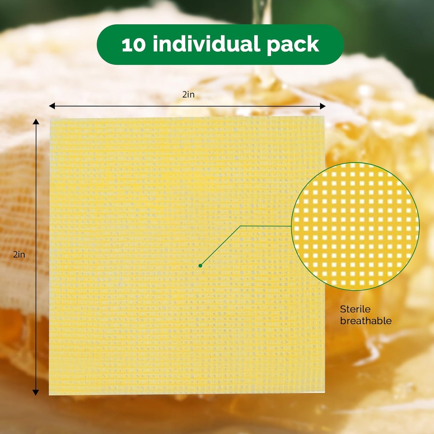 Honey Gauze Dressing 2'' x 2'' Sterile Honey Wound Dressing, Medical Grade Manuka Honey Patches for Faster Wound Care | Burns | Traumatic Wounds and Laceration (Individually Pack of 10)