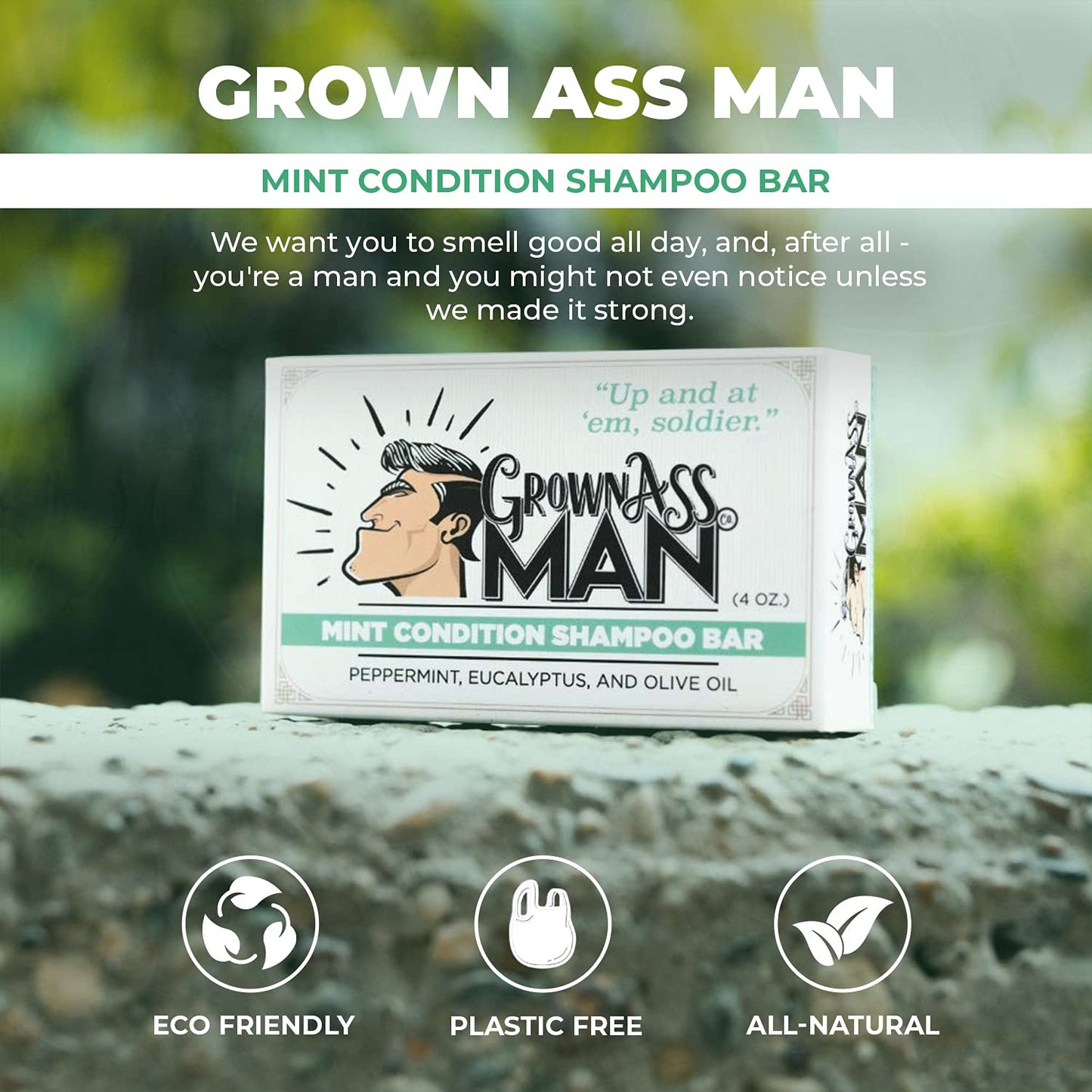 Grown Ass Man Co. - Solid Shampoo Bar Rich Lather 3 in 1: Hair, Beard & Body Wash - Plastic Free & Eco-Friendly, Natural & Organic Clean for All Hair Types, 4oz Bar (Mint Condition, 3-Pack)