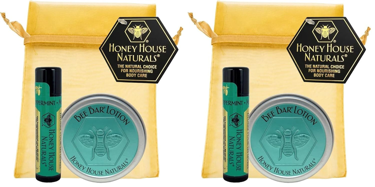 Honey House Naturals 2 Piece Gift Set, All Natural, Ultra Moisturizing Lotion Bar and Lip Butter Infused with Essential Oils, Made in USA (Lip Balm & Bee Bar, Peppermint) (Pack of 2)