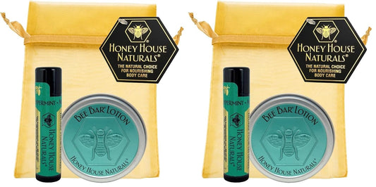 Honey House Naturals 2 Piece Gift Set, All Natural, Ultra Moisturizing Lotion Bar and Lip Butter Infused with Essential Oils, Made in USA (Lip Balm & Bee Bar, Peppermint) (Pack of 2)