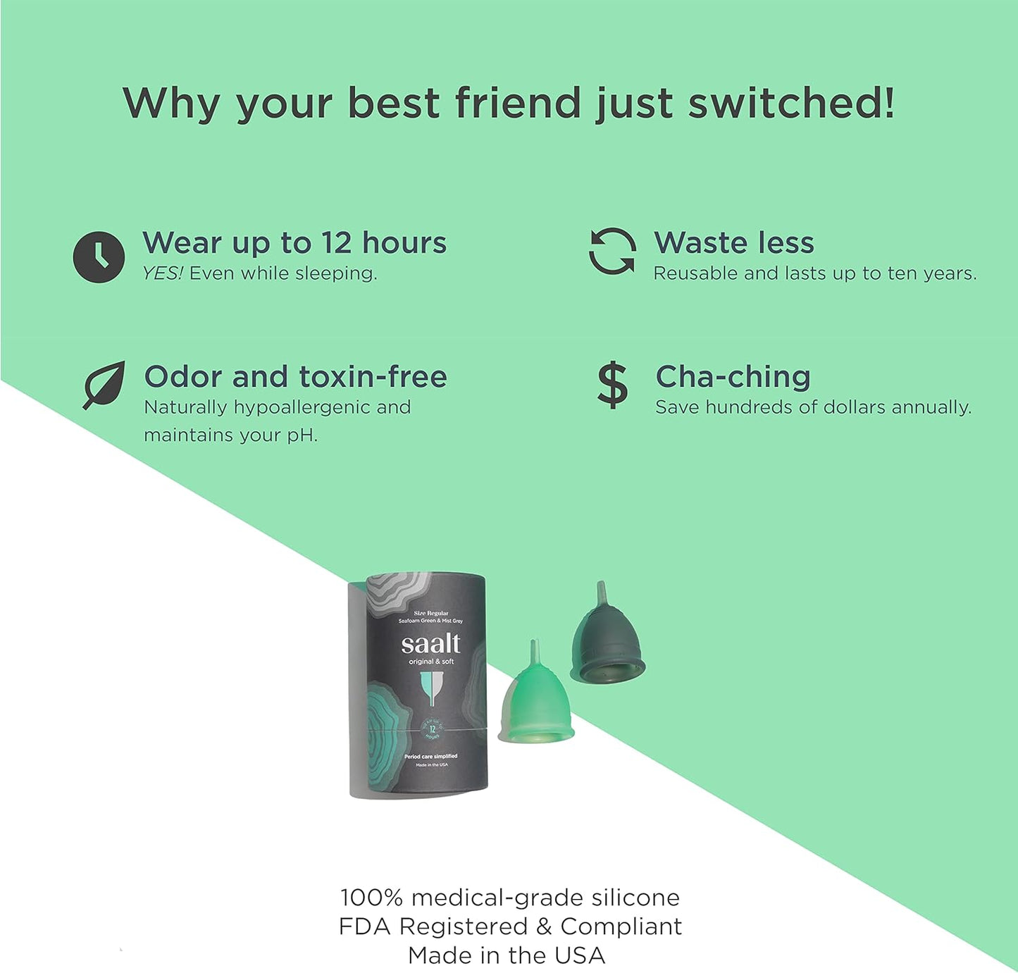 Saalt Twin Pack - Reusable Medical-Grade Silicone Period Cup - Wear for 12 Hours - Saalt Soft & Original Firmness (Small)