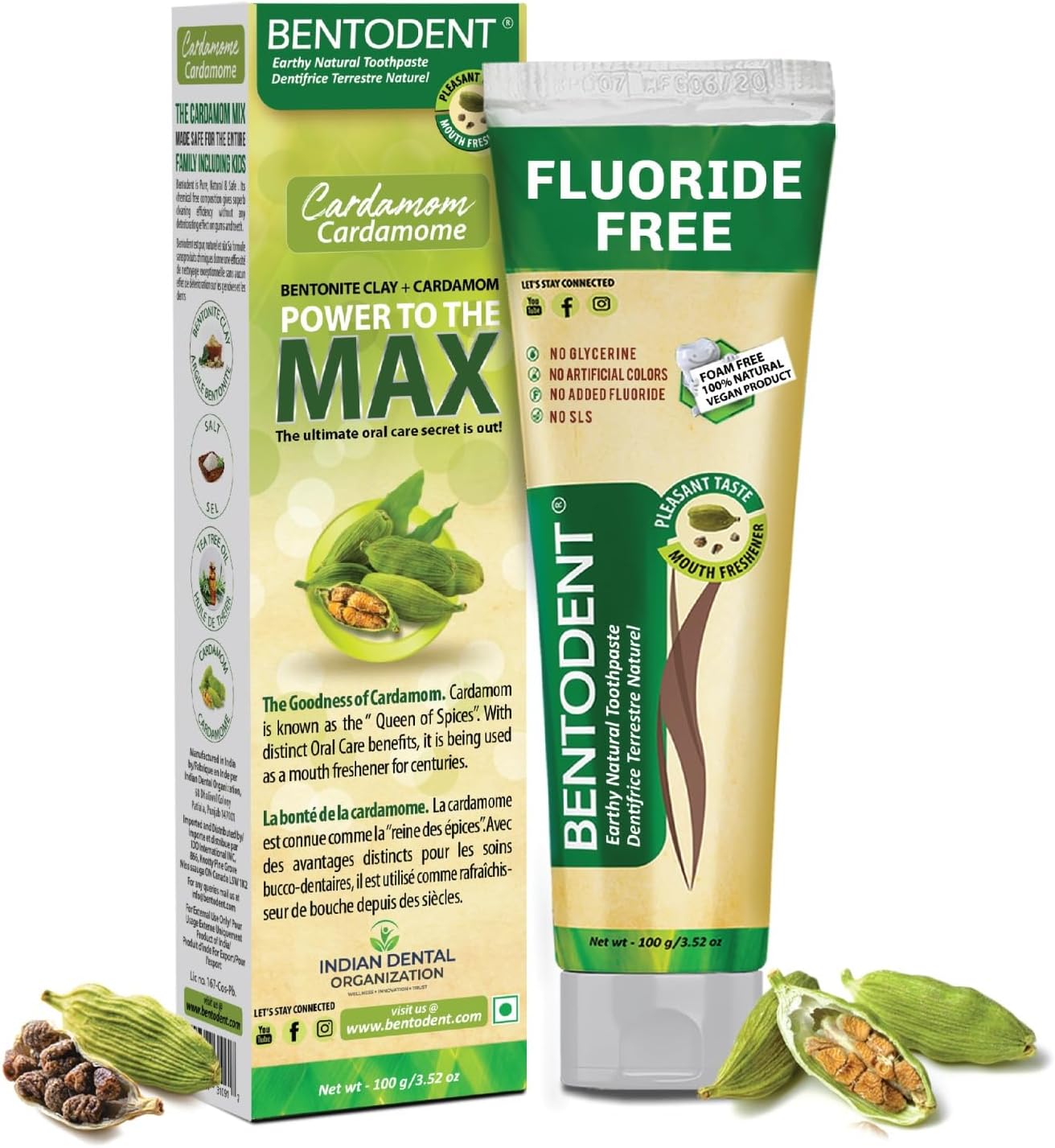 BENTODENT Fluoride Free Remineralizing Calcium Bentonite Clay Toothpaste - Cardamom Flavor Natural Toothpaste, Mint-Free, 3.52 oz - Mineral Tooth Paste Ideal for Sensitive Teeth & Whitening