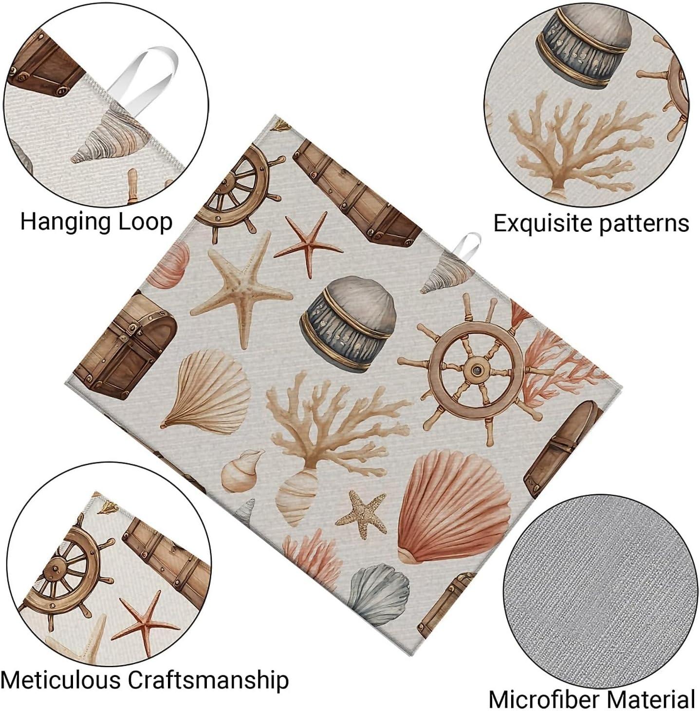 Dish Drying Mat For Kitchen Counter, Seashells Starfish Coastal Microfiber Absorbent Dish Drainer Rack Pad Reusable Large 18x24in Drying Mat