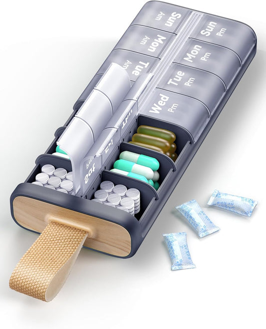 Weekly Pill Organizer AM PM 7 Day Pill Box, Large 2 Times a Day Medicine Case with Carry Handle, Moisture-Proof Desiccant & Secure Easy-Open Lids for Vitamins and Supplements