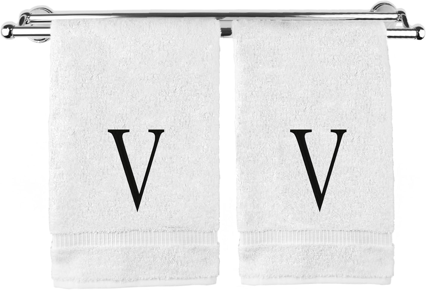 Monogrammed Hand Towel, Personalized Initial Gift, Extra Absorbent 100% Turkish Cotton - Soft Terry Finish - Set of 2 - Black Block Initial V - Embroidered on White Towels