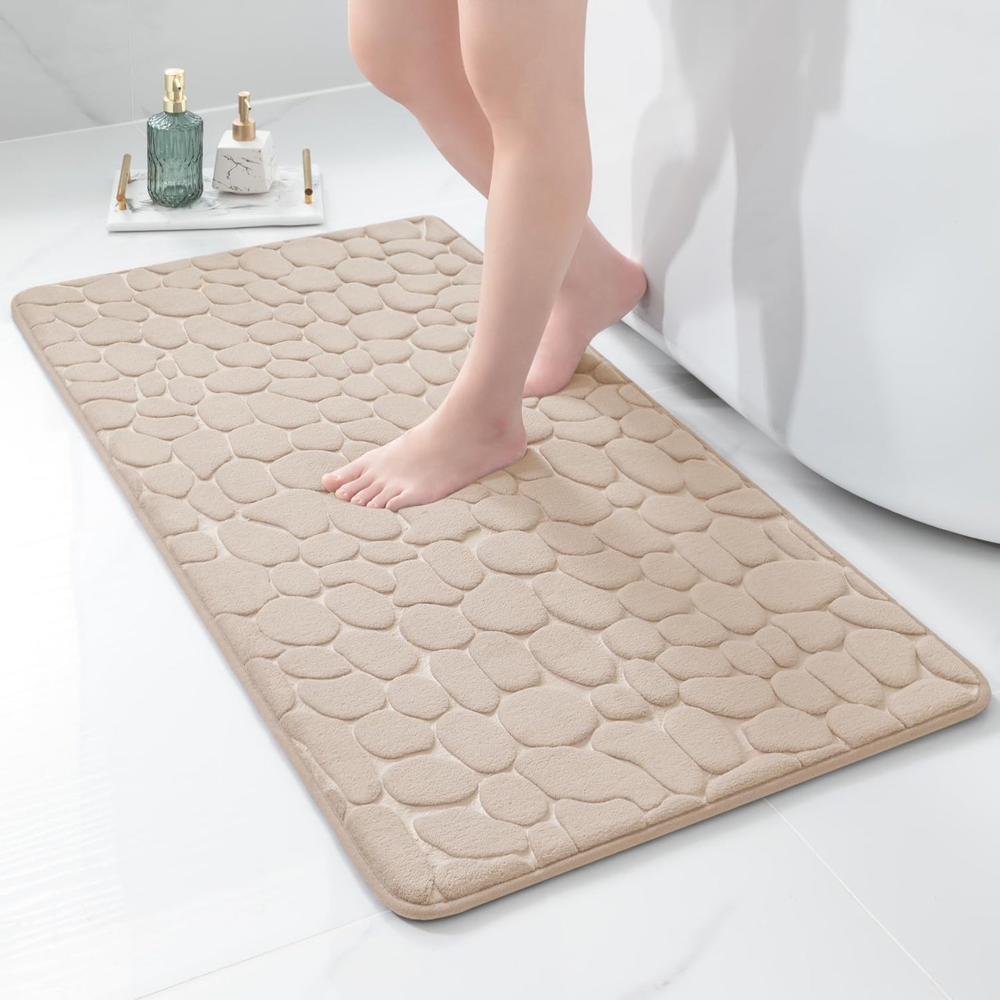 YIHOUSE Memory Foam Runner Rug, Cobblestone Bathroom Runner Rugs Super Water Absorbent Bath Mats for Bathroom Machine Washable Bath Rugs Runner for Hallway Bedroom Laundry Room(26 x 50,Khaki)