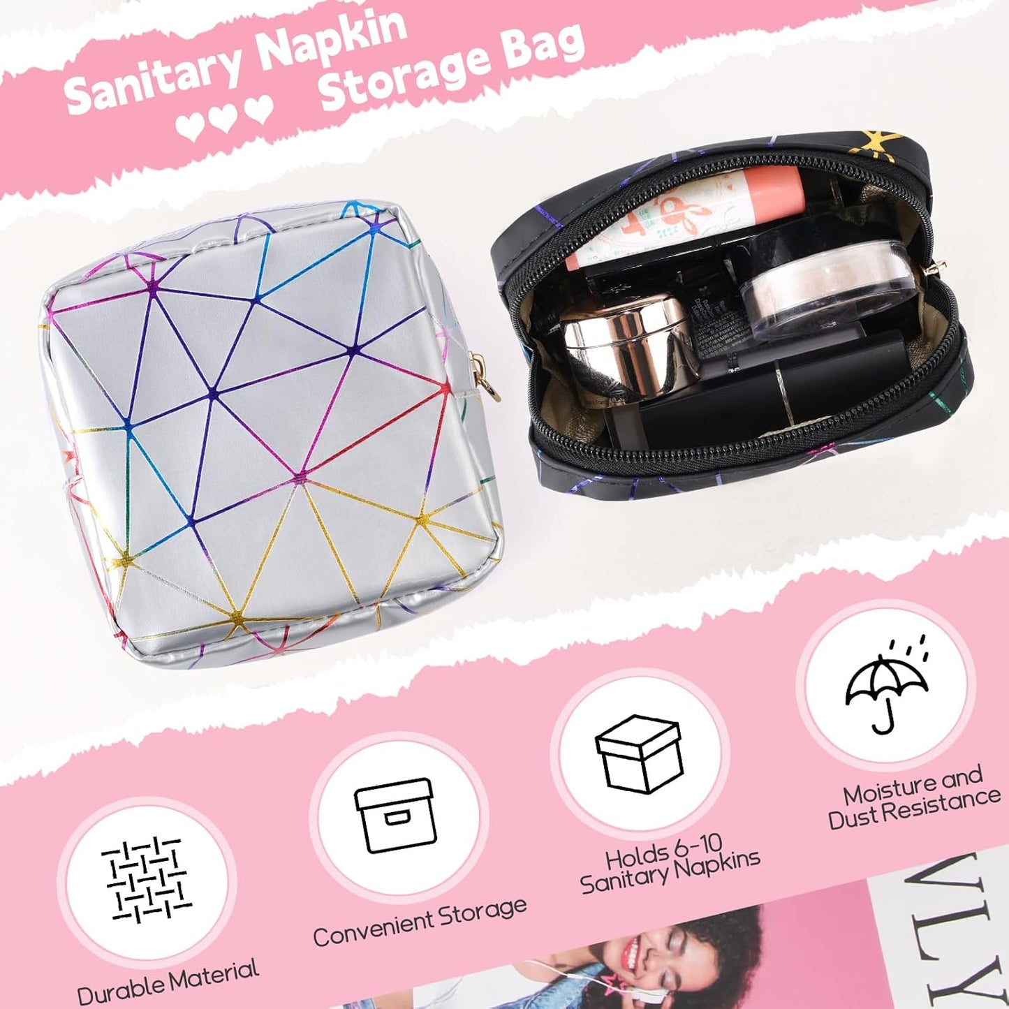 Desing Wish Sanitary Napkin Storage Bag, Menstrual Cup Pouch Nursing Pad Holder Tampon Bags Feminine Product Pouches Portable Period Kit Bag for Girls Women Ladies 2 Pack (Dazzling Black/Silver)