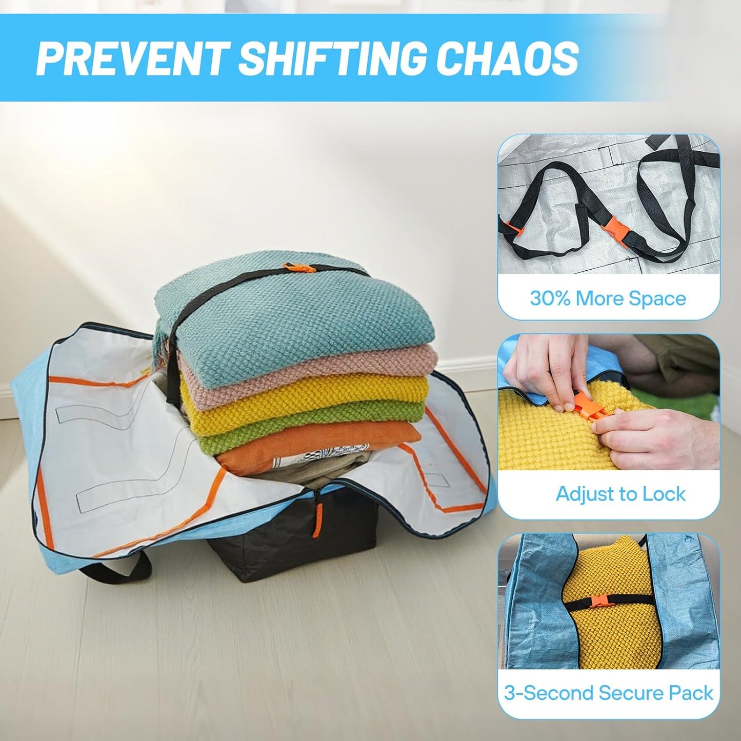 4 Pack Packing Bags for Moving, Storage Bags with Internal Compression Straps, Heavy Duty Moving Totes with Wrap Around Handles, Alternative to Moving Boxes, Blue and Black