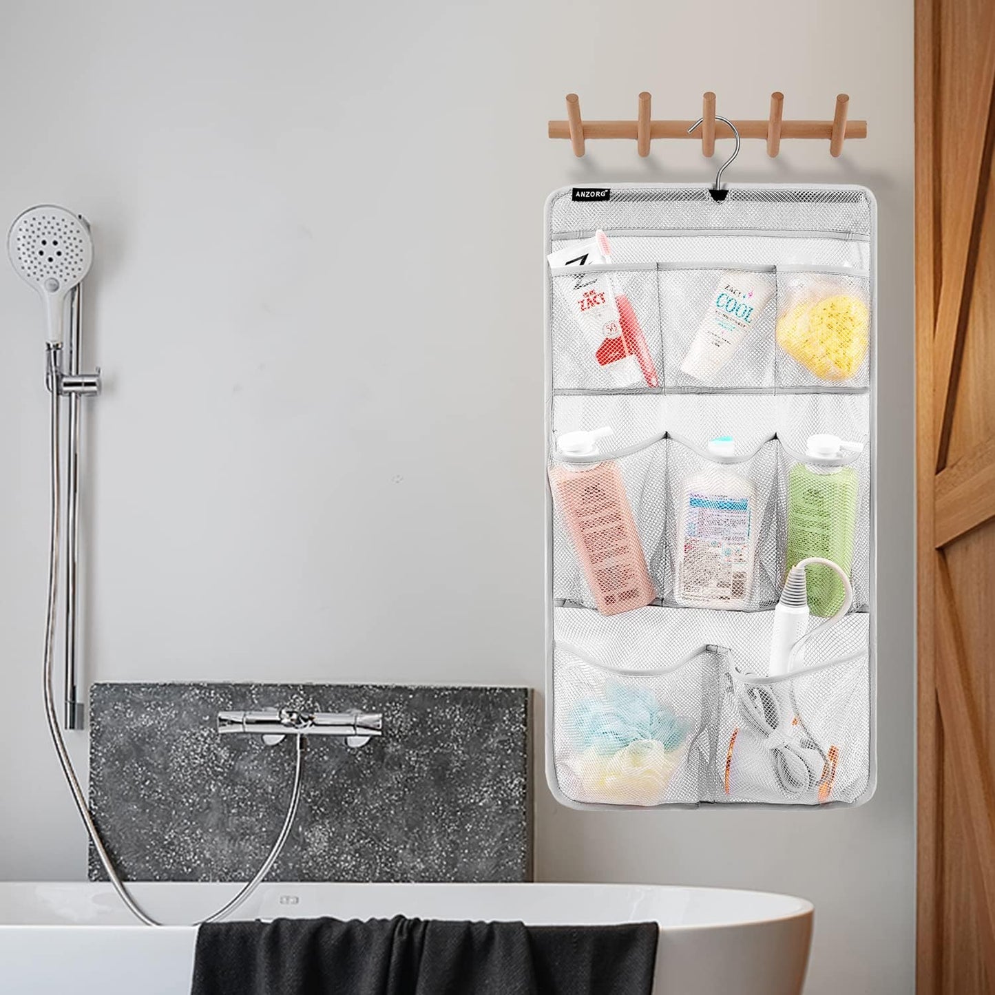 Mesh Shower Organizer Hanging Caddy Quick Dry Bathroom Storage for Toiletry Accessories with Rotating Hanger (8 Pockets)