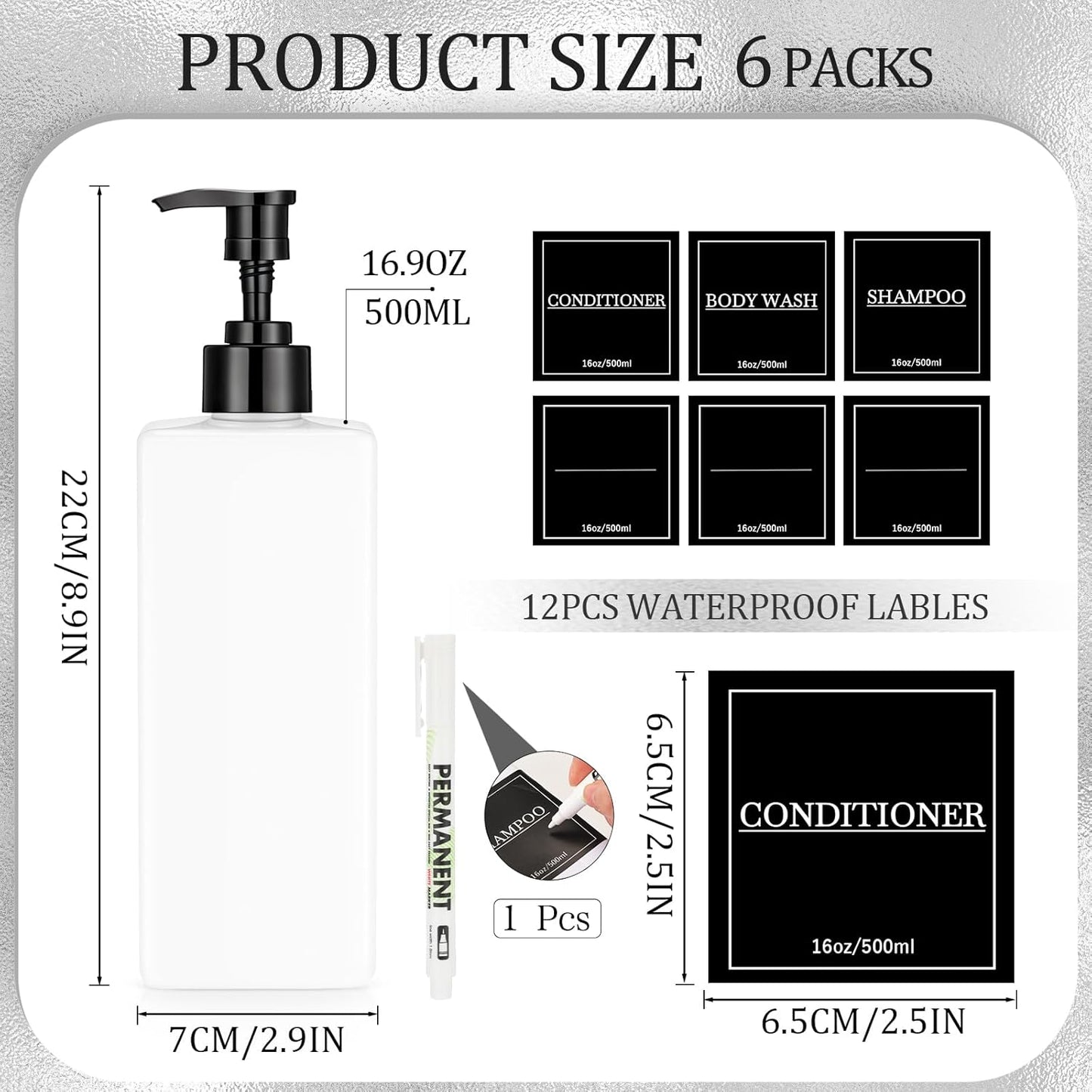 Tanlade 6 Pcs Shampoo and Conditioner Dispenser Bottles 16oz Modern Shower Soap Bottles with Pump, Labels and Marker Pen Easy to Refill Body Wash Dispensers for Home Bathroom Decoration (White)