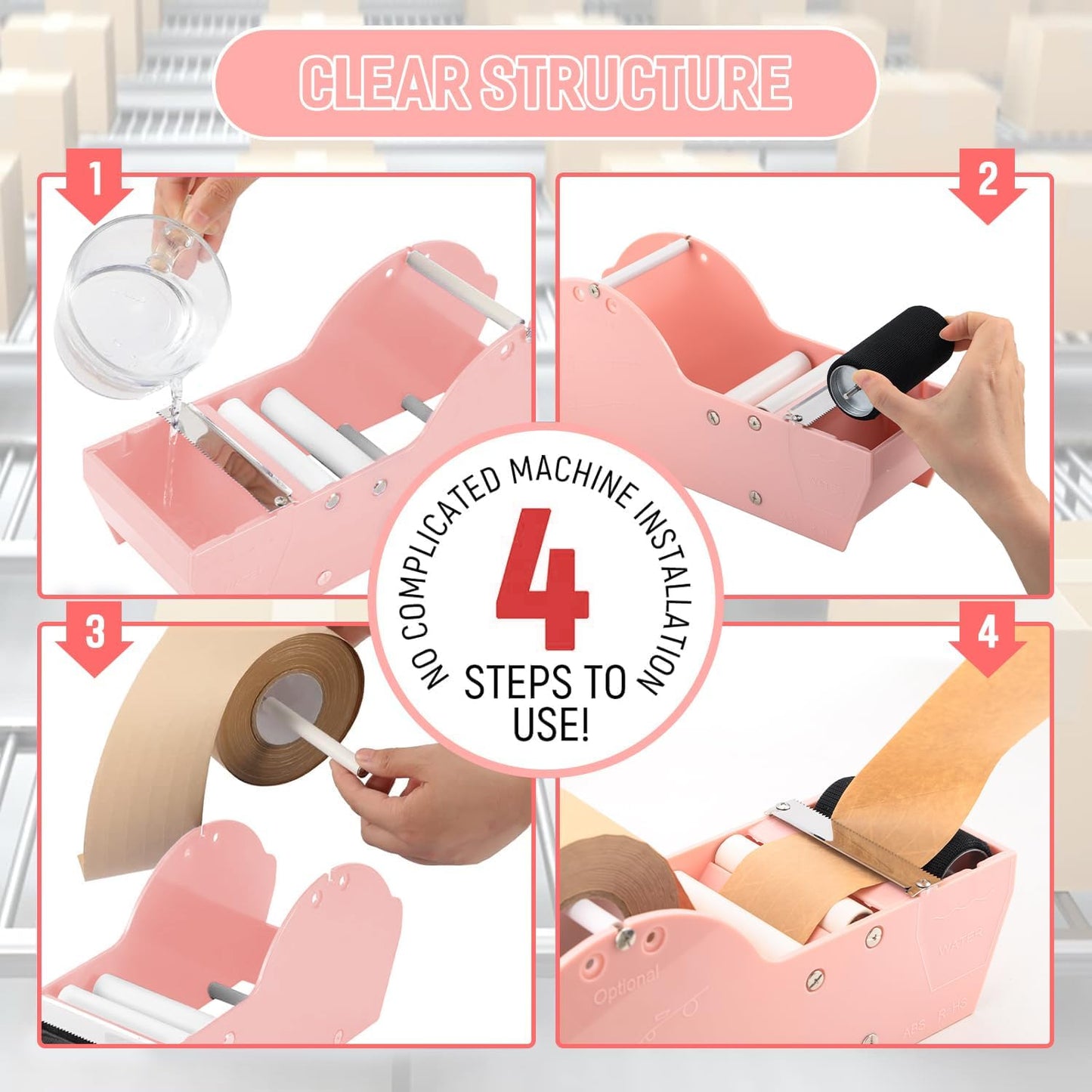 Water-Activated Tape Dispenser, Manual Kraft Gum Tape Dispenser, Width Adjustable 1.18-3.15", Light Weight & Portable Packing Tape Dispenser Set, Light Pink