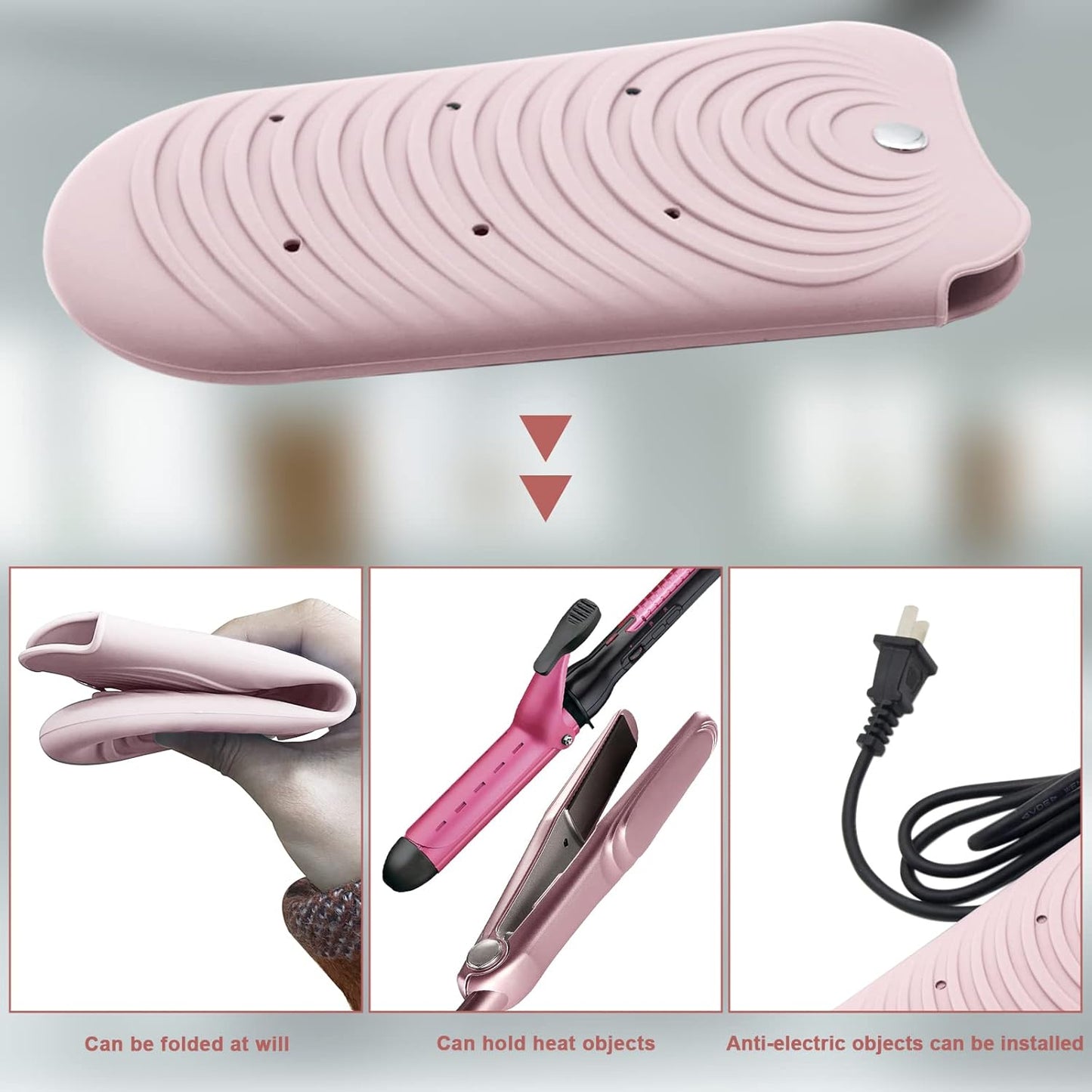Heat Resistant Silicone Mat Pouch for Hair Styling Tools, Curling and Flat Irons Non-Slip Travel Cover, Small Portable Straightener Pad for Curler Wands Storage, Hot Waver (Pink)