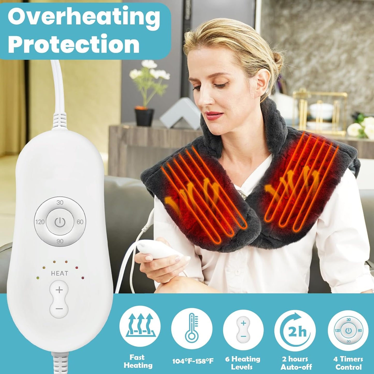 Nalax Heating Pad for Neck and Shoulders and Back, Luxurious Faux Rabbit Fur Fabric, 2.2lb Tourmaline Weighted Heating pad, 6 Heat Settings,2H Auto Off,Memory Function, Gift for Women 24"x 20"