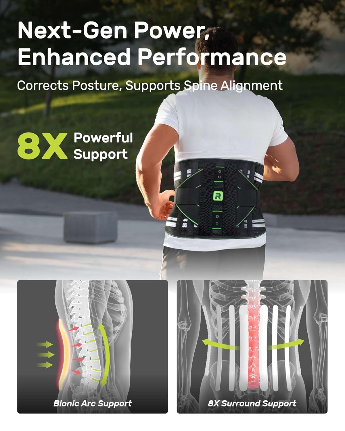 Back Brace for Lower Back Pain Relief, 8X Powerful Lumbar Support with 3D Pad, Support Belt for Men Women, Breathable Back Support Brace with Adjustable Strap, Green Size M