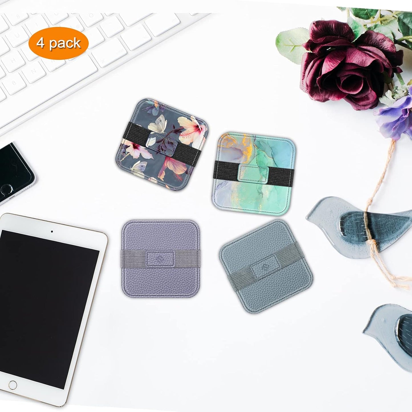 Fintie Screen Cleaning Pad, [4 Pack] Soft Cloth Wipes Screen Cleaner with Elastic Strap for iPad, iPhone, MacBook, Tablets, Laptop (blooming hibiscus)