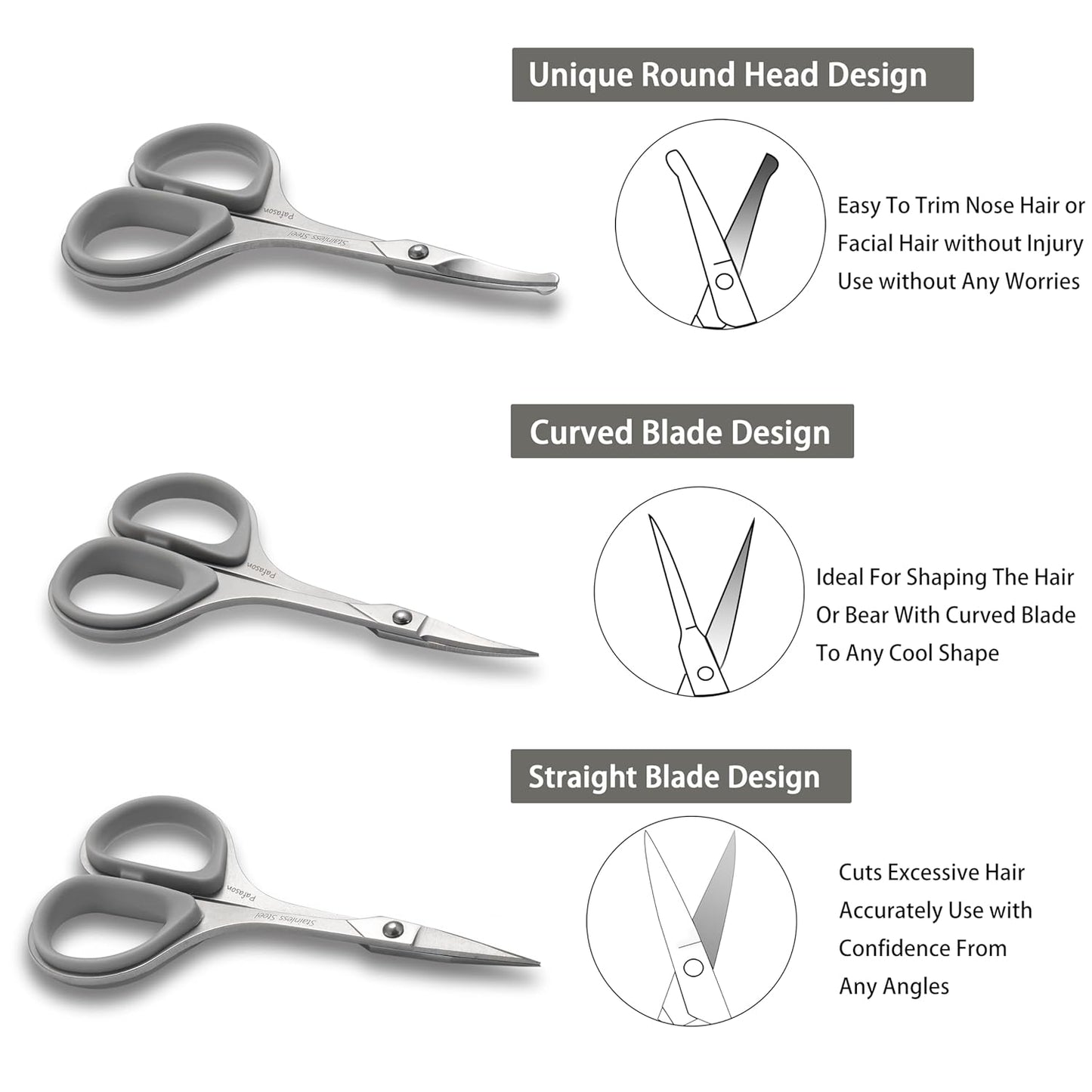 PAFASON Stainless Steel Mustache Beard Facial Nose Hair Trimming Scissor Set with Safety Cover and Leather Pouch Grey