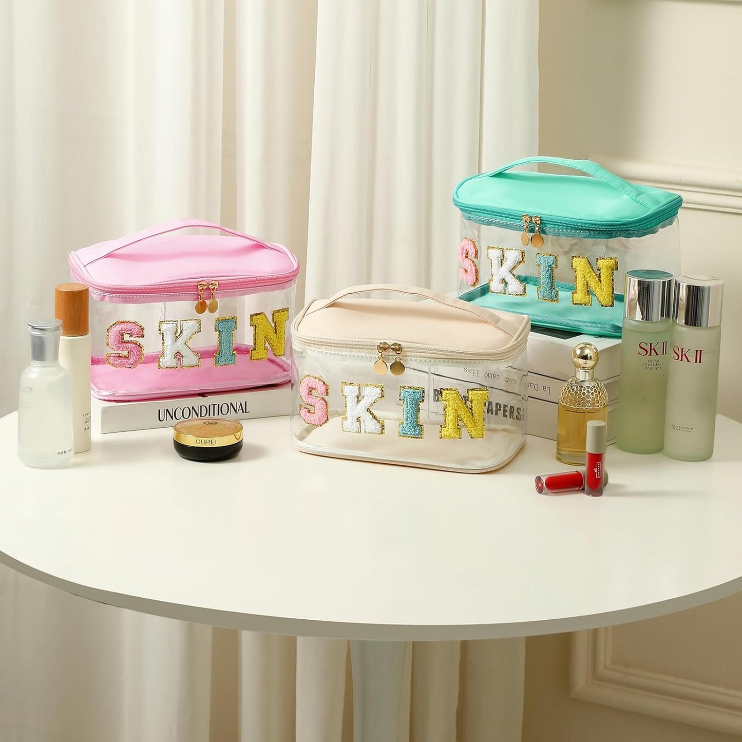 Personalized Chenille Letter Clear Skin Makeup Bag, Large Size Waterproof Nylon Cosmetic Toiletry Storage bag with Top Handle, Transparent Meds Skin Travel Organizer Cosmetic Bag(11Skin-Beige)