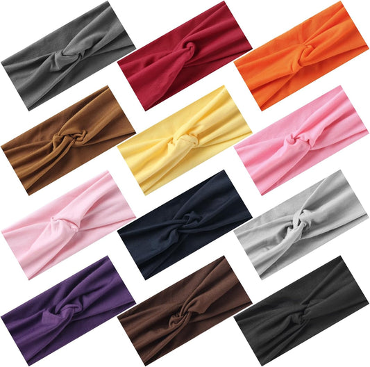 12-Pack Wide Stretch Headbands for Women - Non-Slip Extra Wide Turban Hair Bands for Workout, African Style, Sports & Daily Use (Breathable, All-Day Comfort) Color1 (Color2)