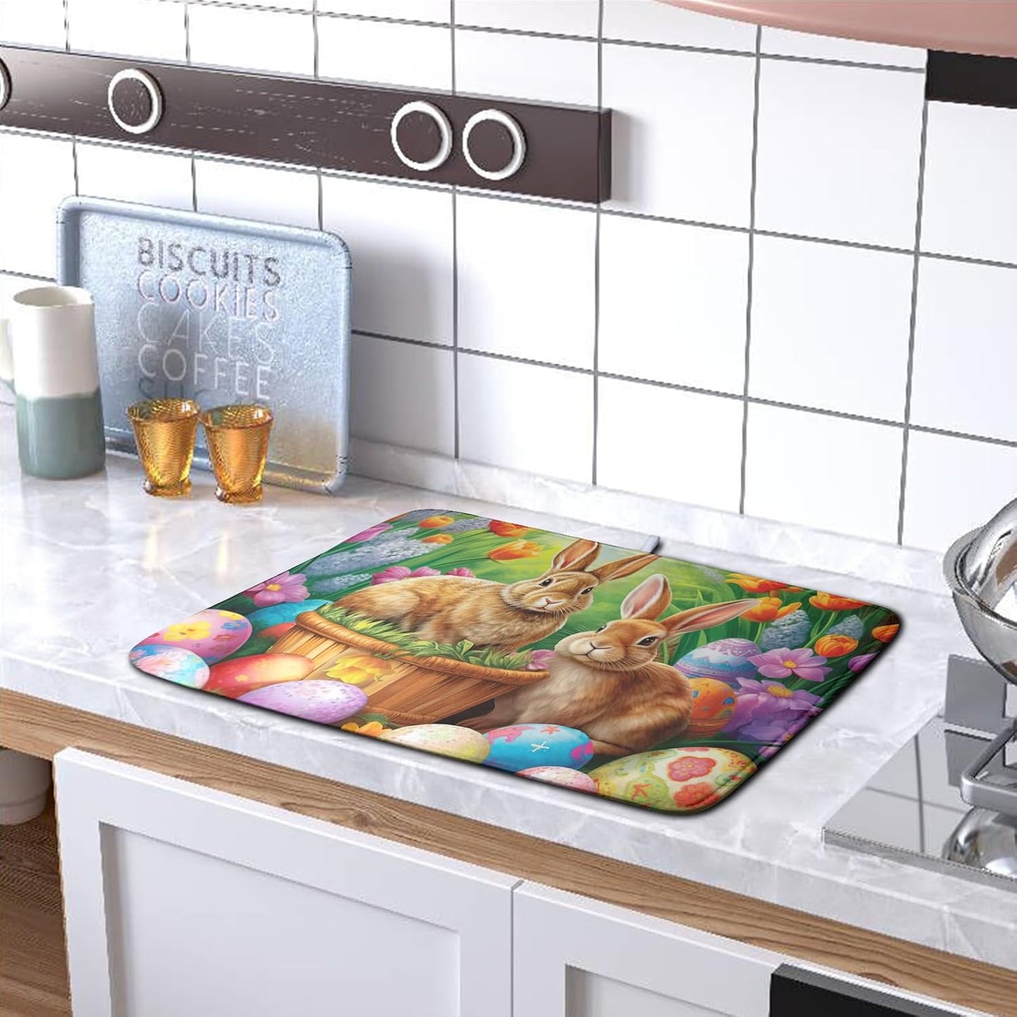 Easter Bunny Eggs Dish Drying Mat for Kitchen Counter, Tulip Floral Flower Drying Mat Spring Summer Holiday Dish Mat Drying Kitchen Mat Absorbent Kitchen Drying Mat for Sink 16x18Inch