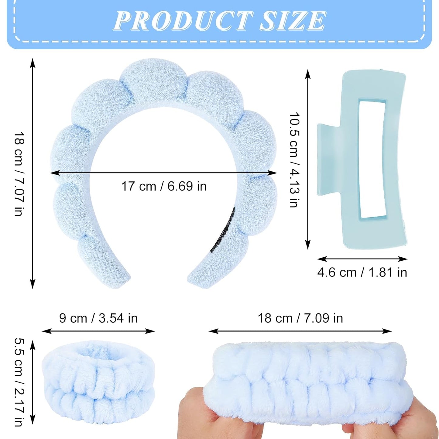 Wecoe Spa Headband And Wristband Set Skincare Headband For Washing Face Hair Claw Clips For Thick Hair Cute Blue Puffy Sponge Makeup Bubble Head Band Wrist Towels Scrunchies For Women Girls