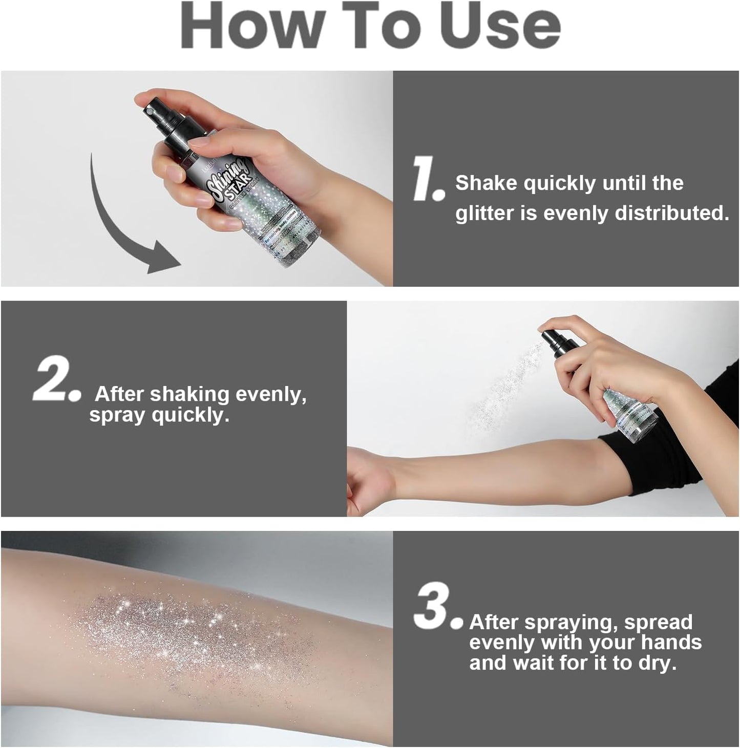Glitter Spray for Hair and Body, Silver Body Glitter Spray, Quick-Drying and Waterproof Glitter Hairspray, Nozzles are not Easily clogged, Long-Lasting for Stage Makeup, 3.38 oz