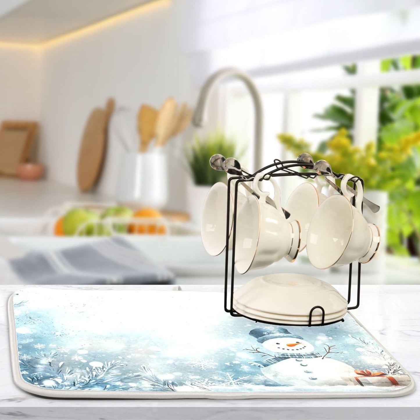 Winter Snowman Silver Dish Drying Mat for Kitchen Countertop 16x18 Christmas Snowflake White Xmas Small Drying Mat Reusable Quick Dry Dish Sink Mats Easy Clean Decorative Essentials