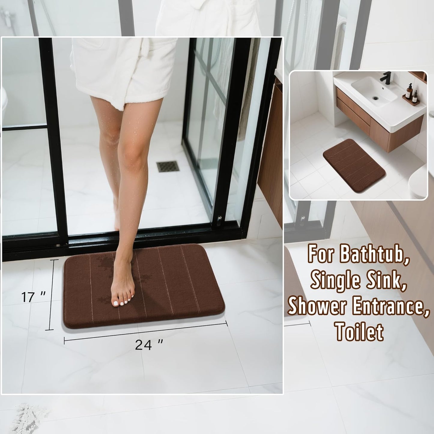 Yimobra Brown Bath Mat 24x17 Inch, Super Soft Absorbent Memory Foam Bathroom Rug Non Slip, Quick Dry, Machine Washable Floor Carpet for Tub Shower, Home Decor Accessories