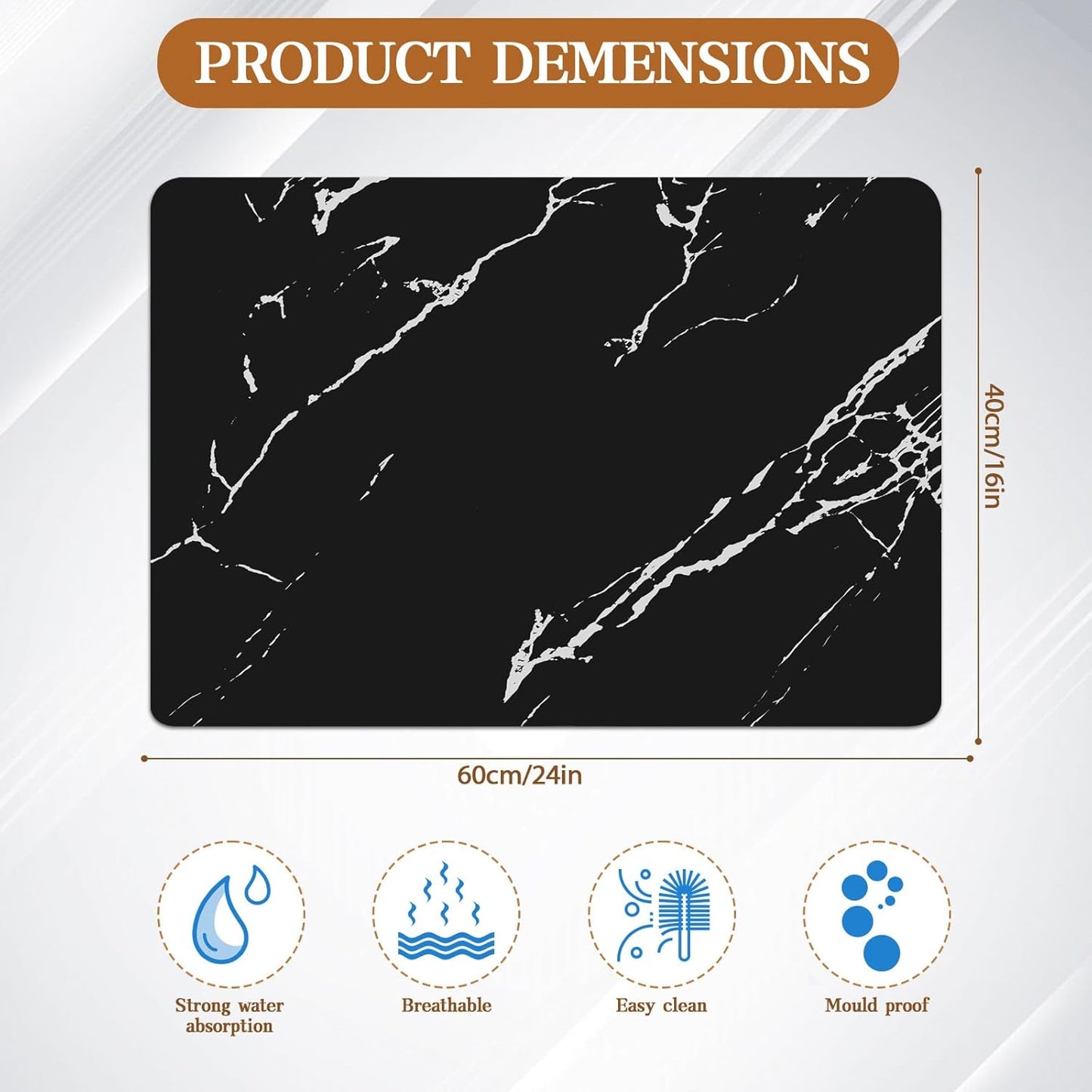 Dish Drying Mat for Kitchen Counter, 24"x16" Coffee Mat Bar Accessories, Hide Stain, Rubber Backed, Absorbent, Fit Under Coffee Maker, Espresso Machine, Pot, Dish Rack (Black)