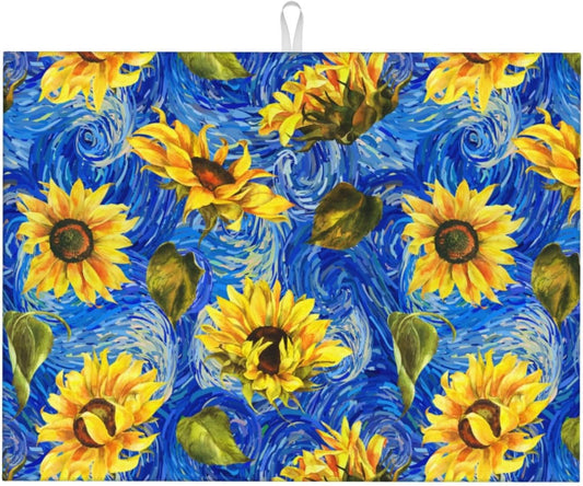 Starry Night Sunflower Blue Dish Drying Mat For Kitchen Counter Absorbent Large Kitchen Fast Dry Pad Reusable Washable Protector Rack Large Mat 18 X 24