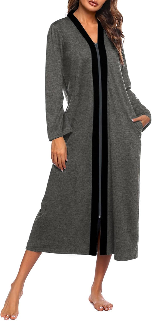 Ekouaer Women Zipper Robe Long Sleeve Loungewear Lightweight Housecoat Full Length Nightgown with Pockets
