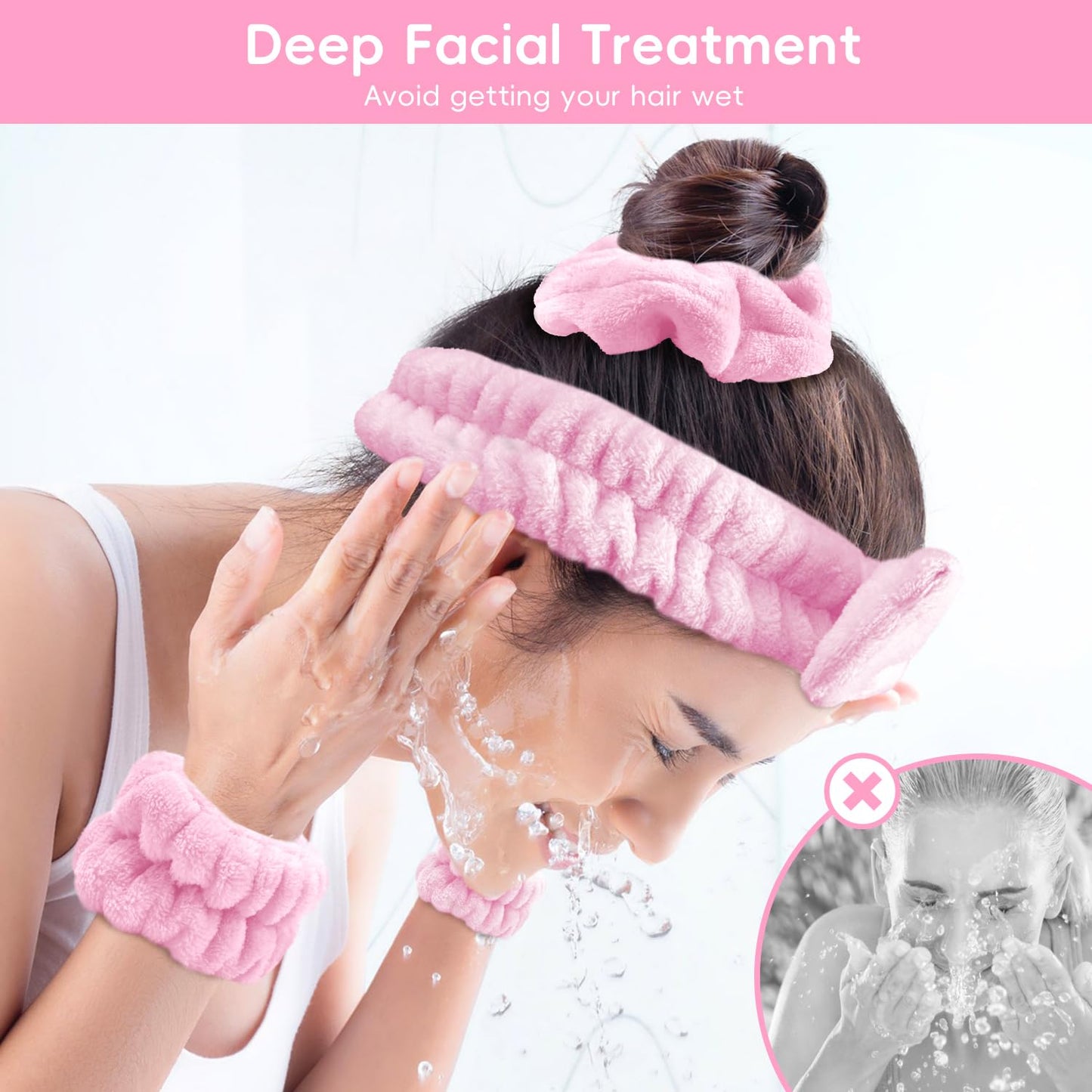 Spa Headband for Washing Face, Skincare headband and wristband set, Facial Cleansing Brush, 2-in-1 Skin Care face Brush, Come with a Hair Scrunchie, For Massaging Makeup Skincare -Pink