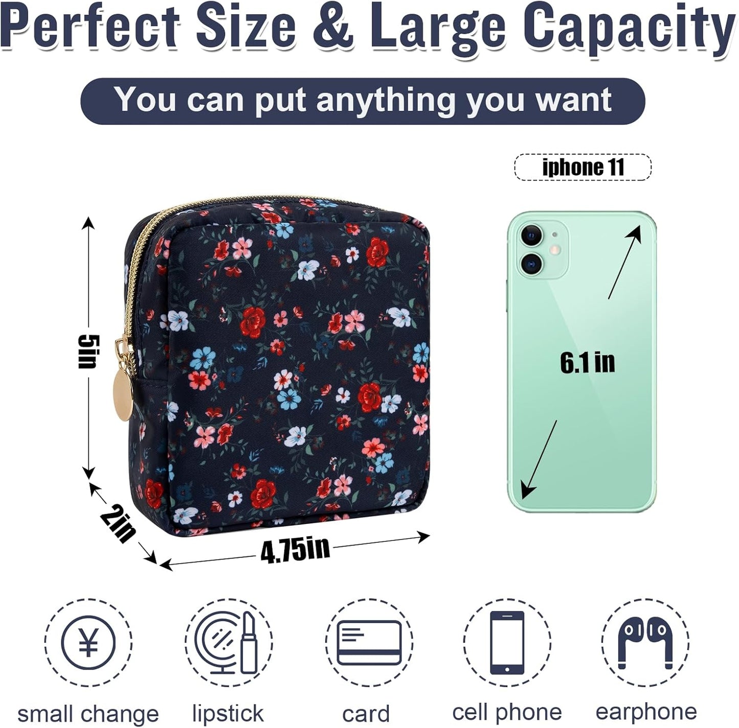 Nylon Mini Floral Makeup Bag for Purse, Small Cute Makeup Bag Preppy Cosmetic Zipper Pouch Purse, Waterproof Travel Coin Pouch Sanitary Napkin Storage Bag Makeup Organizer for Women(Navy Blue-Flower)