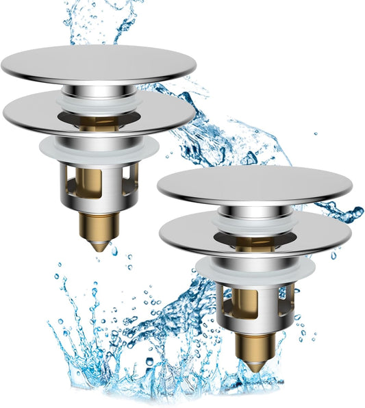 Hibbent 2 Pack All Metal Upgraded Bathroom Sink Stopper, Universal Pop Up Sink Drain Strainer, Brass Bullet Core Push Type Sink Stopper for 1.1''~2.3''' Basin, Anti Clogging Drain Filter, Chrome