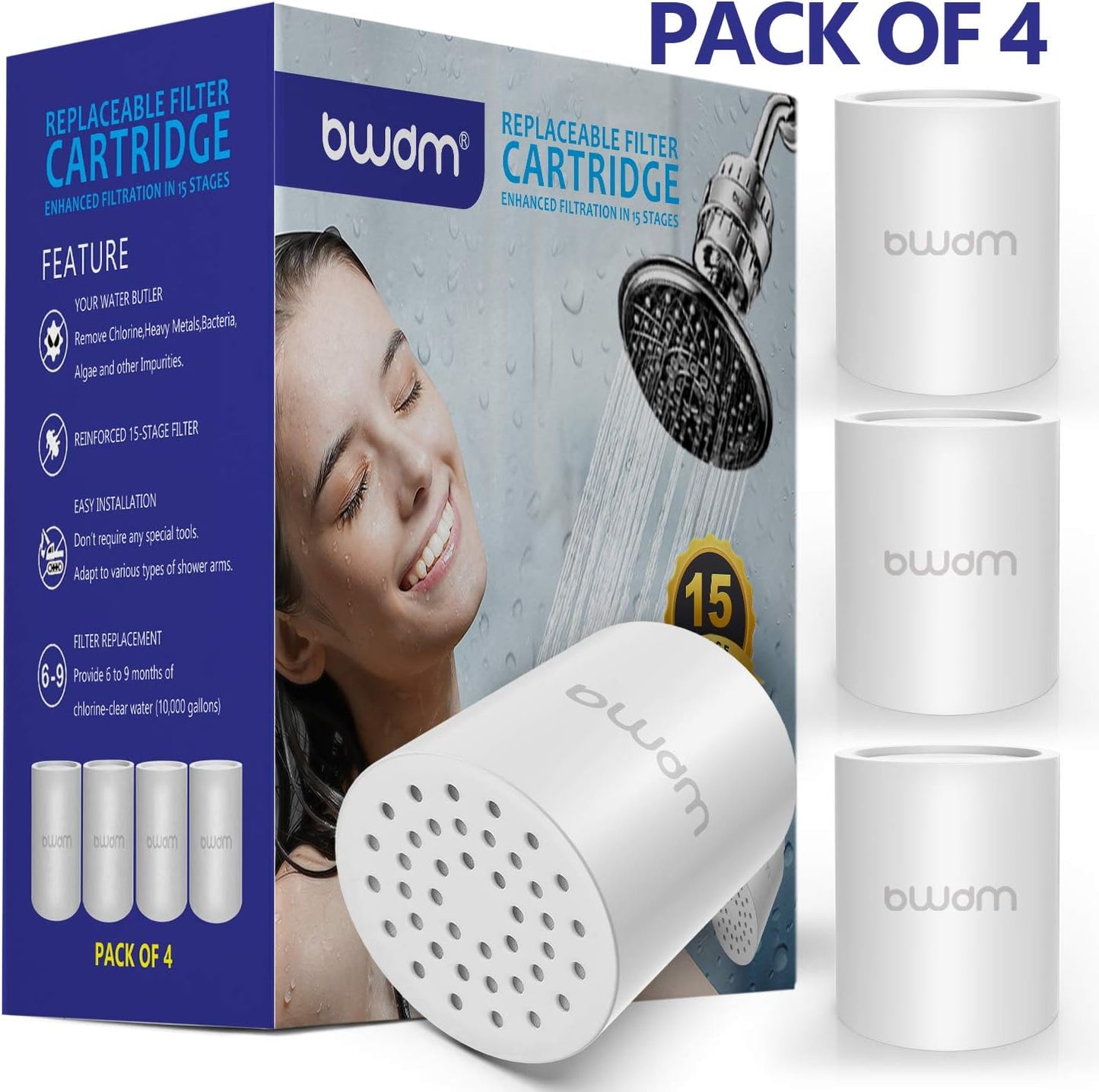 15 Stage Shower Filter Cartridge,High output Universal replacement filter cartridge, Remove Chlorine Heavy Metals and Other Sediments, VitaminC Water Softener Reduces Dry Itchy Skin Dandruff BWDM(4X)