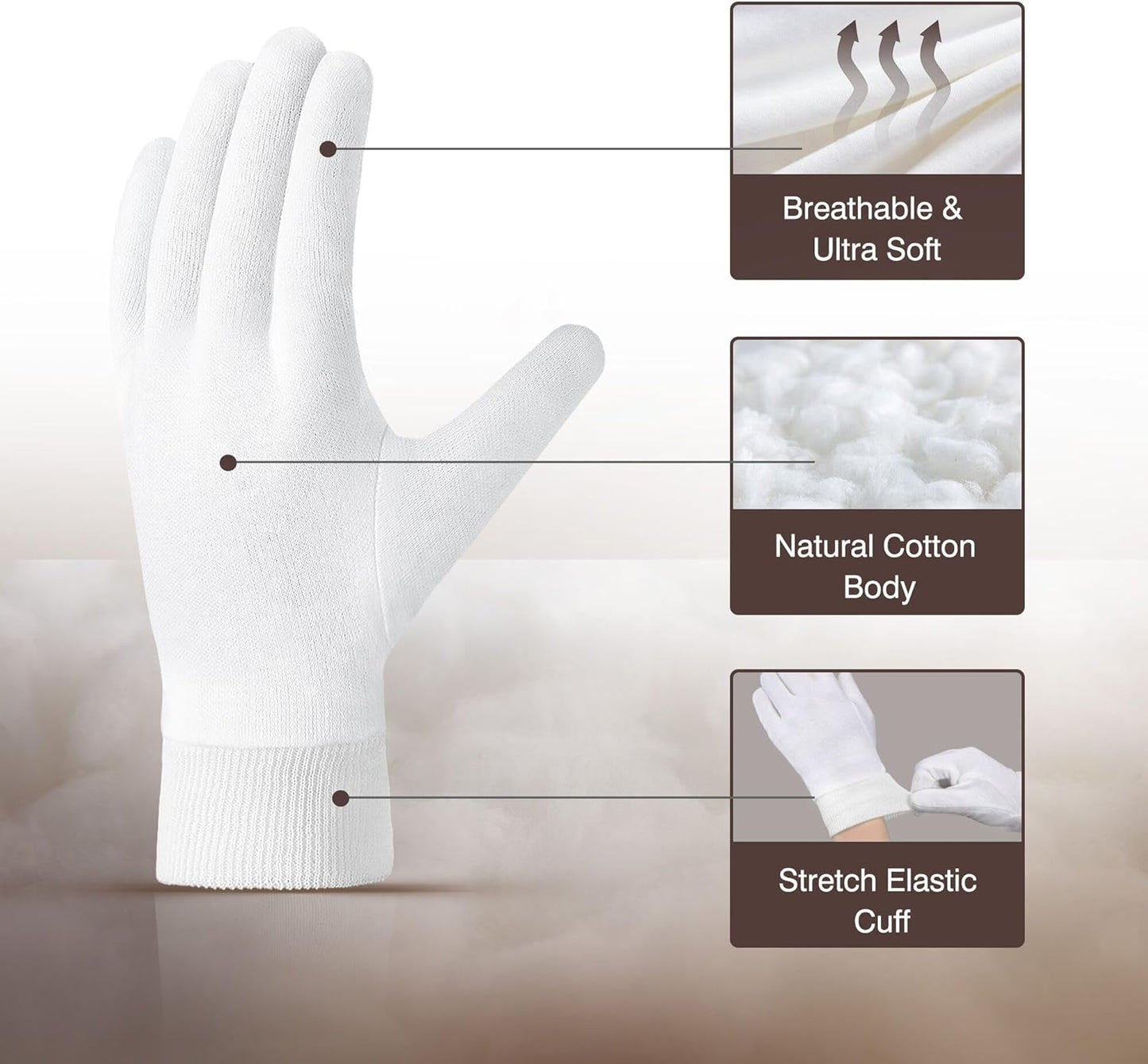 COOLJOB 4 Pairs Soft Moisturizing Cotton Gloves Set with Stretch Elastic Cuff, Overnight Lotion Sleeping Gloves for Dry Hands, Eczema Skin, Beauty Women SPA Essentials, XSmall, White