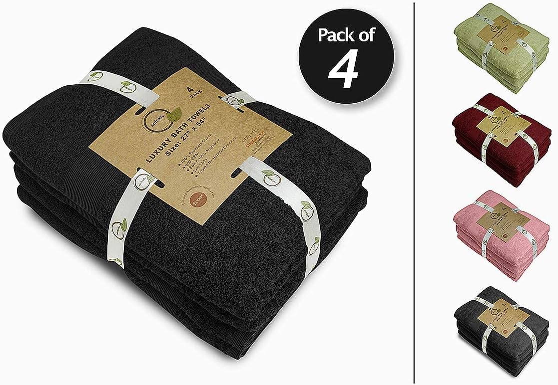 Softolle Luxury Bath Towels Set of 4 (27” x 54”) | Towels for Bathroom | Super Soft | Highly Absorbent Towels for Home, Spa, Gym (Black)