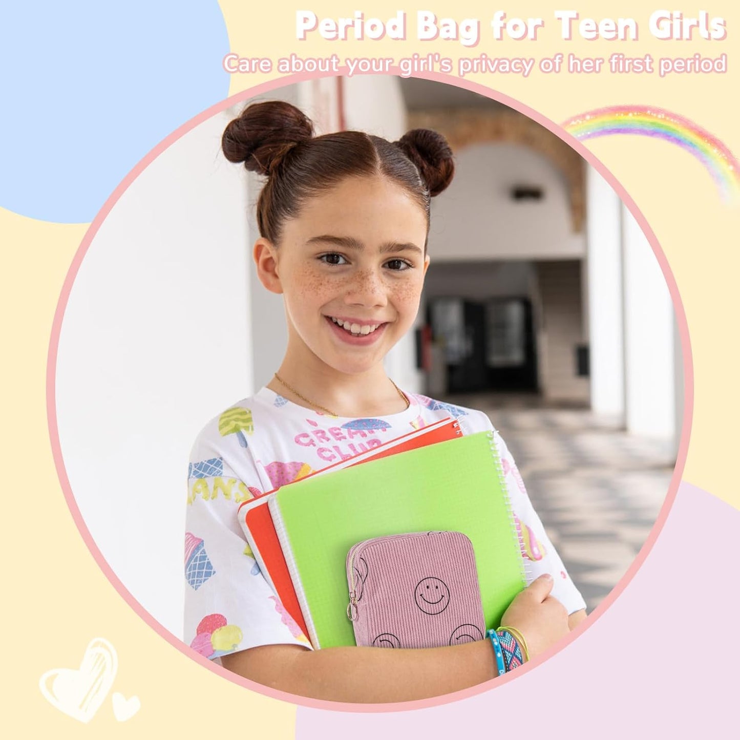 Period Bag for Teen Girls - Shark Week Pouch - Corduroy Portable Sanitary Pad Bags - Holds 6-10 Pads - Pink