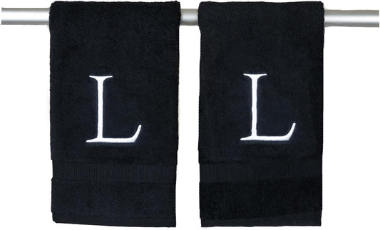Black Bathroom Hand Towel - Monogrammed Luxury Hotel Quality Decorative Embroidered Towel for Powder Room, Spa - GOTS Organic Certified - Set of 2 White Letter L
