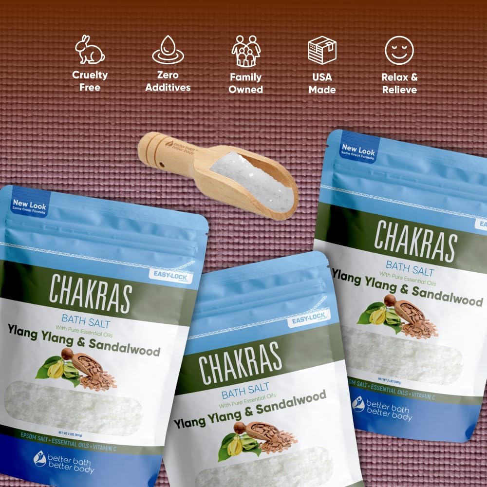 Chakras Bath Salt (3 Pack with Scoop) USP Epsom Salt with Natural Ylang Ylang and Sandalwood Essential Oils Plus Vitamin C in BPA Free Pouch with Easy Press Lock Seal Made in USA Bundle 6 Lbs Total