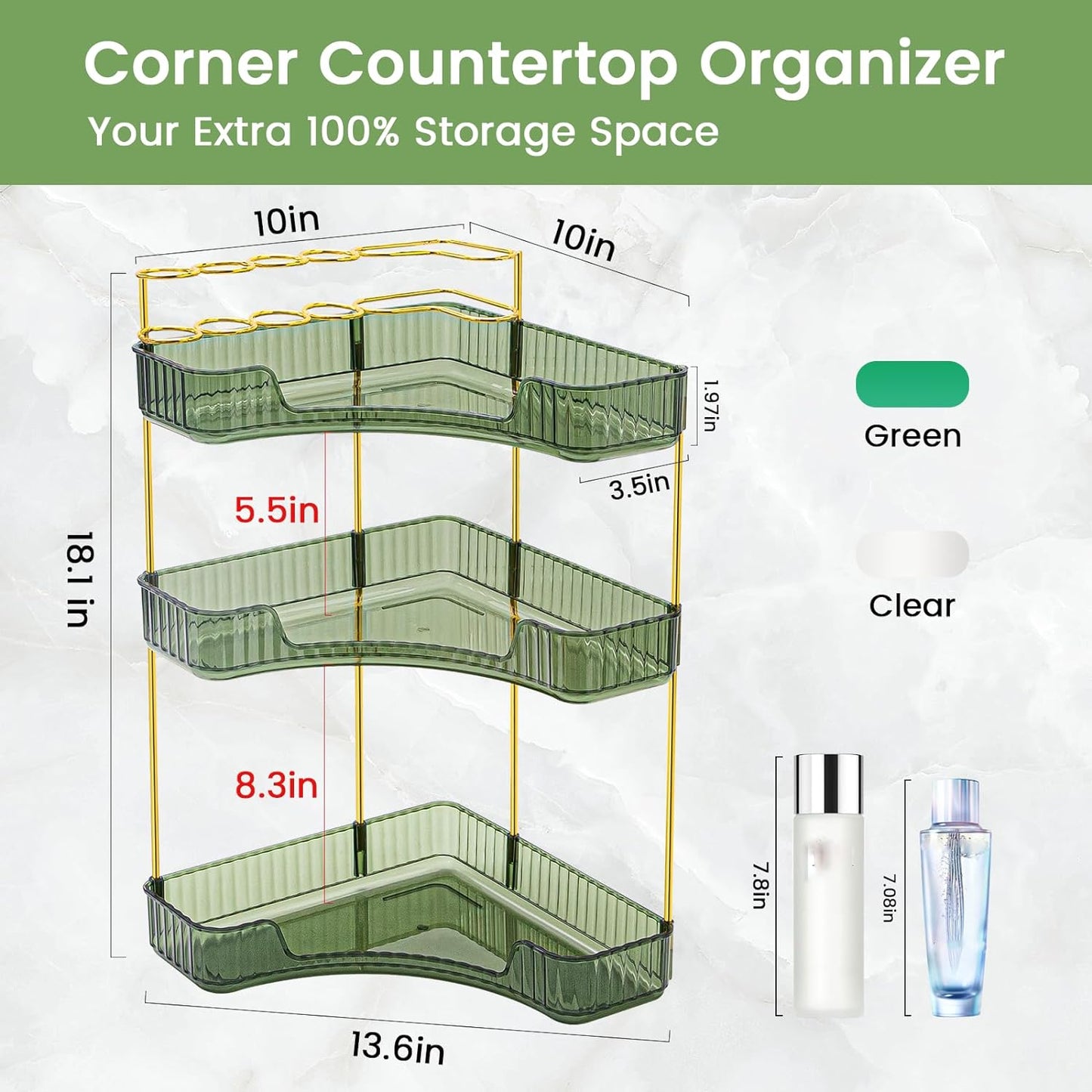 NATURE'S SOURCE Makeup Organizer for Vanity, 3-Tier Corner Bathroom Organizer Countertop with Makeup Brush Holder, Corner Counter Storage for Bathroom Dresser- Green