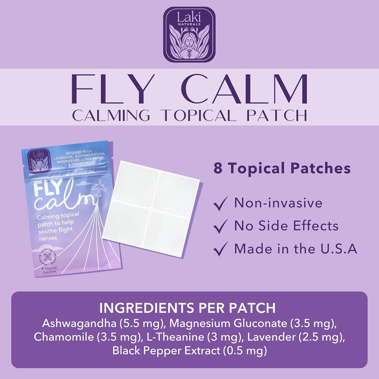 Laki Naturals Fly Calm Patch (Pack of 8) - Relax Nerves, Support Stress, Ease Your Mind for Happy Air Travel - Natural Ingredients to Support Airplane Stress - Calm Your Fear of Flying Naturally