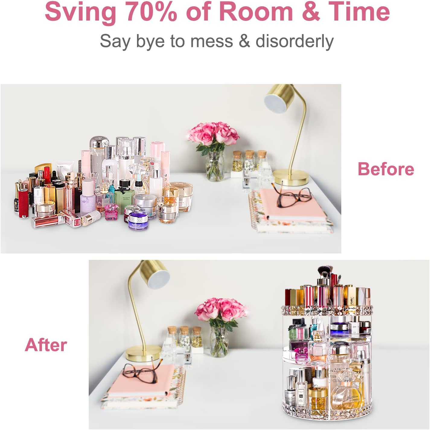 V-HANVER Makeup Organizer Combo - 360° Rotating Makeup Organizer with 7 Adjustable Layers Acrylic Skincare Organizer Large Cosmetic Display Case Clear Perfume Organizer with Makeup Lipstick Holder