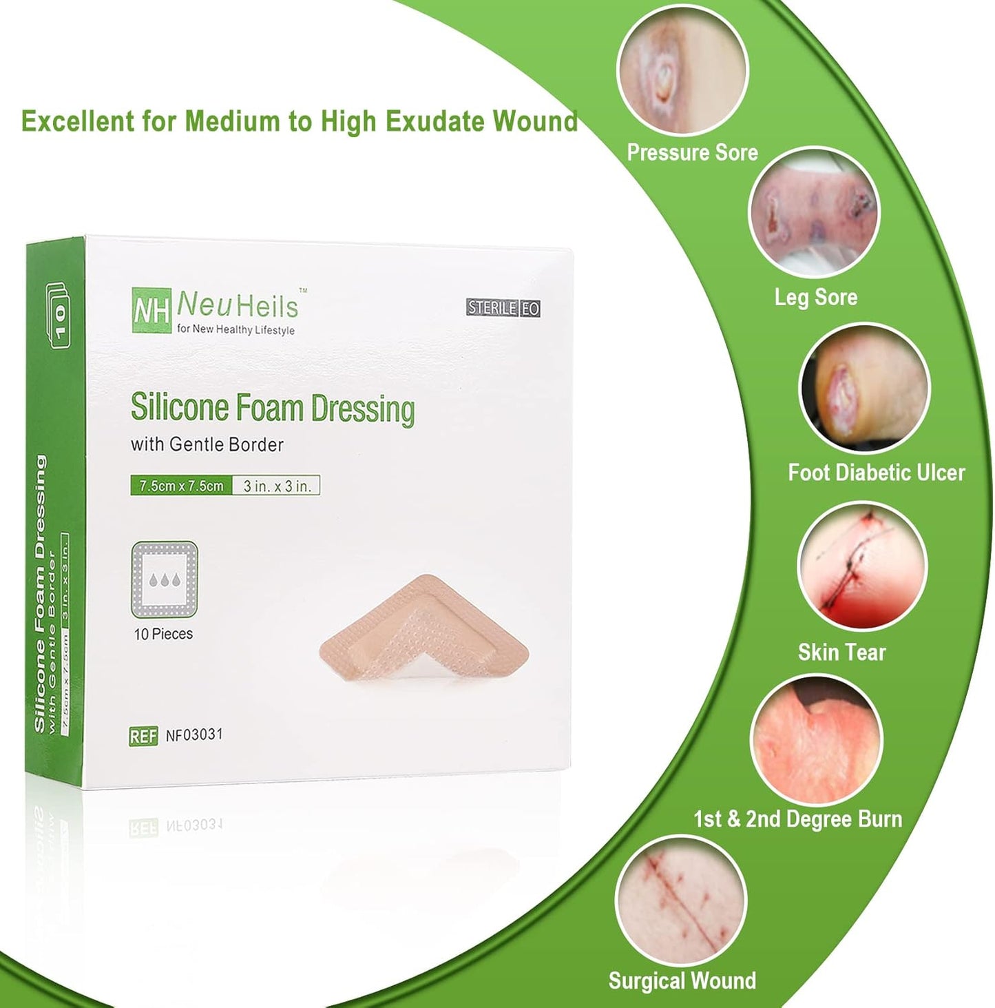 NeuHeils Silicone Adhesive Foam Dressing with Gentle Border 3''x3'' for Bed Sore, 10 Packs, High Absorbency Waterproof Silicone Wound Bandage for Foot Diabetic Ulcer