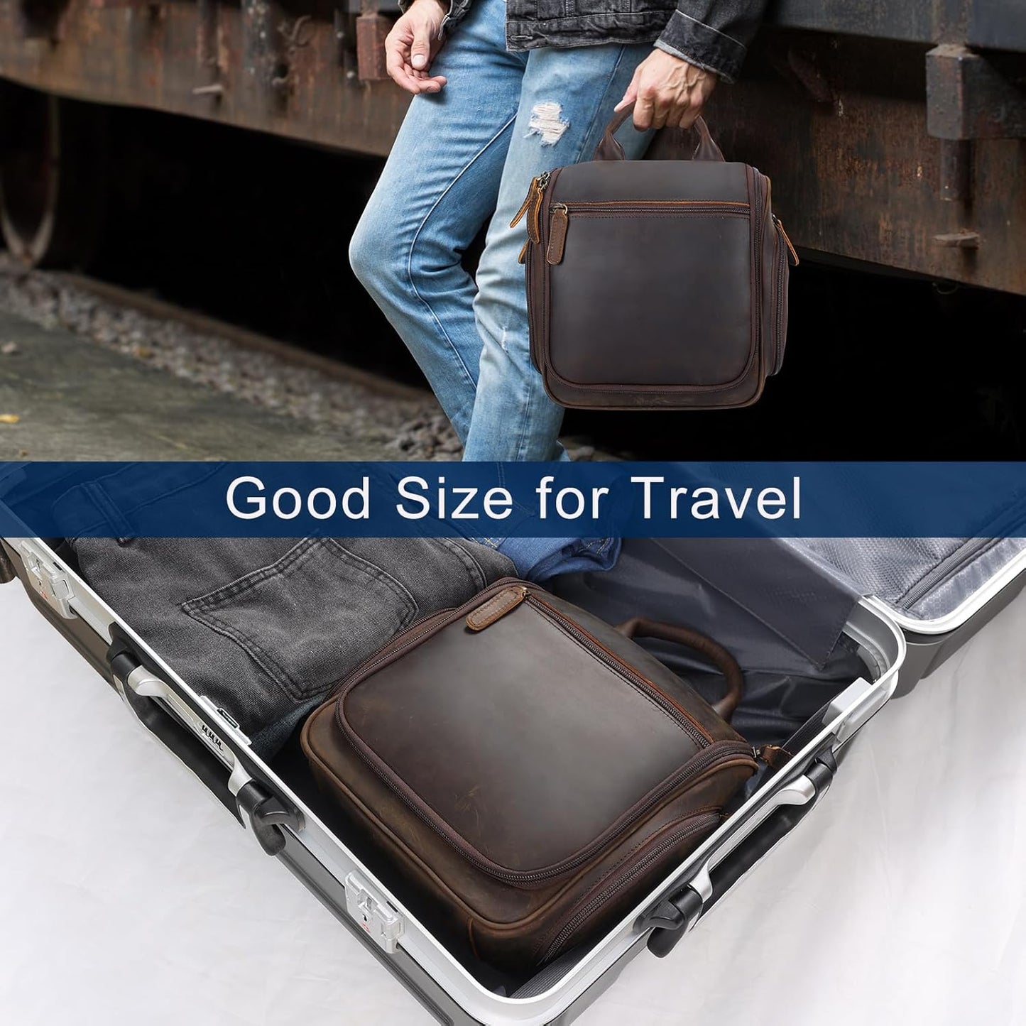 Masa Kawa Leather Hanging Travel Toiletry Bag for Men Portable Expandable Camping Cosmetics Makeup Toiletries Organizer Vintage Bathroom Shaving Kit Brown Wash Bags