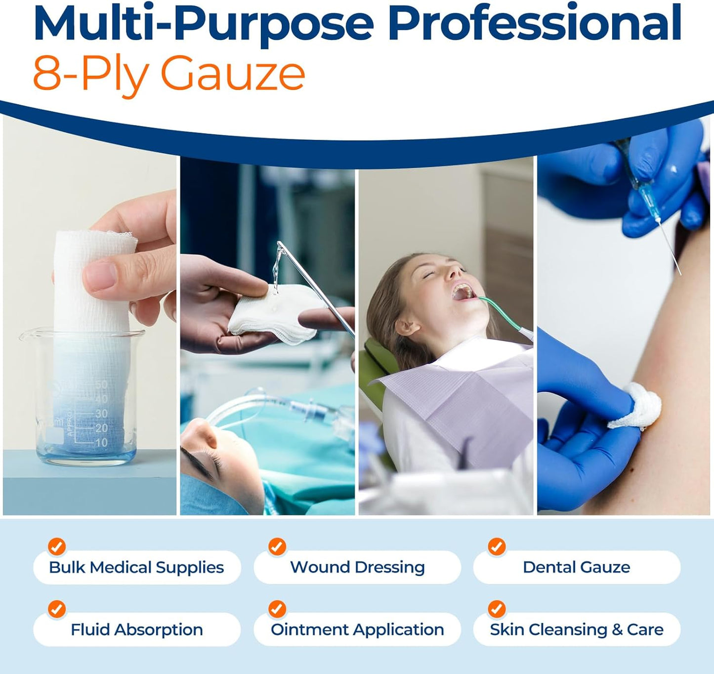 200 Pack 4x4 Inch Gauze Sponges 8-Ply, 100% Cotton Large Gauze Pads for Wound Care, Highly Absorbent Bulk Hospital-Grade First Aid & Surgical Dressing