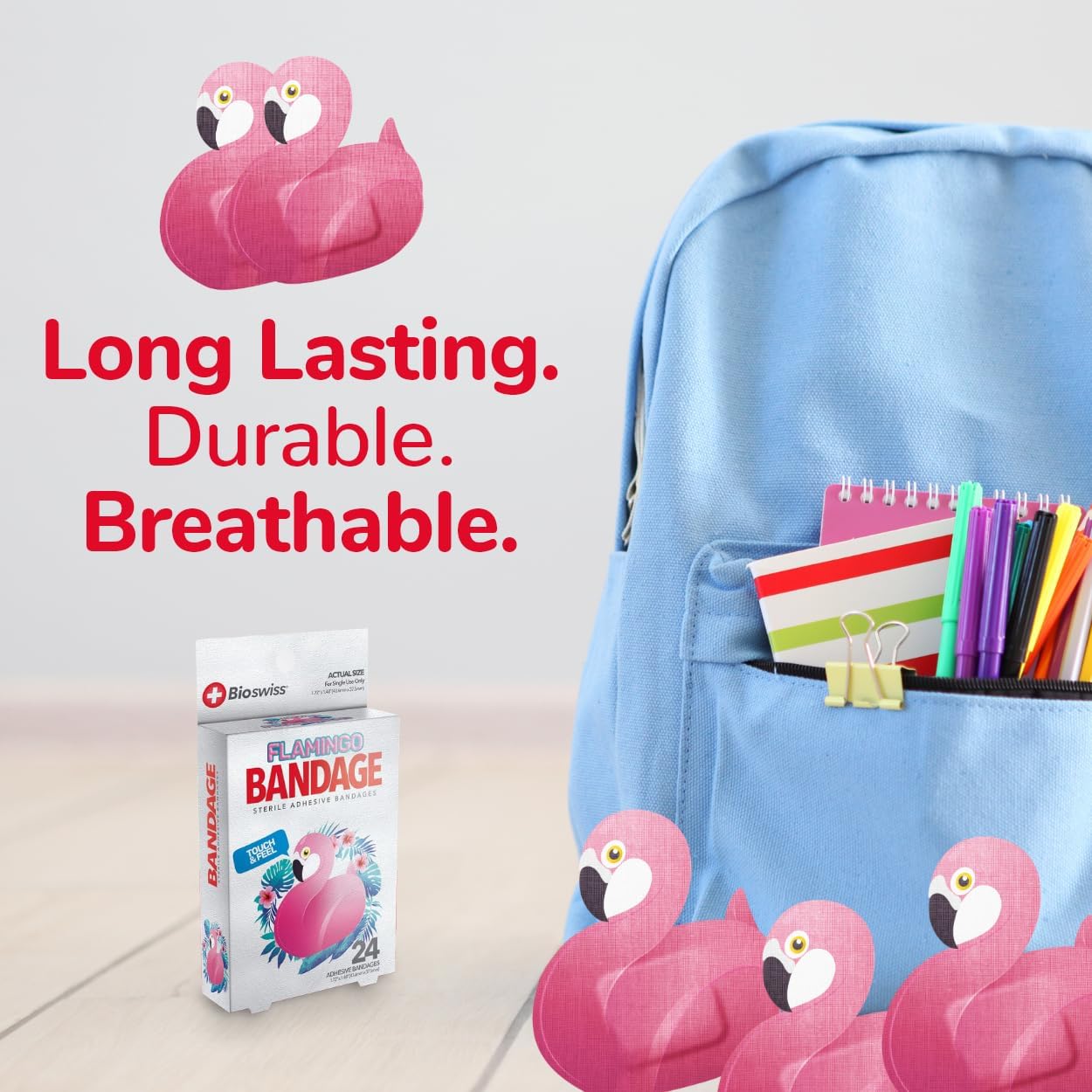 BioSwiss Kids Bandages, Flamingo Shaped Self Adhesive Bandage Set, Latex Free, Sterile Wound Care, 24 Count