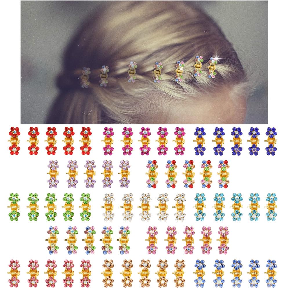 Mini Glitter Rhinestone Flower Hair Accessories - No-Slip Grip Claw Clamps and Metal Clamps in Mixed Colors for Girls Women (Gold-13Colors)