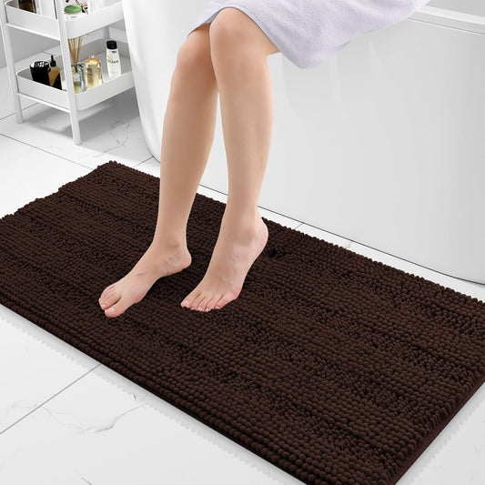 Grandaily Chenille Striped Bathroom Rugs 47x20, Extra Thick and Absorbent Bath Mats, Non-Slip Soft Plush Shaggy Shower Carpet, Machine Wash Dry, Bath Rug for Bathroom, Brown