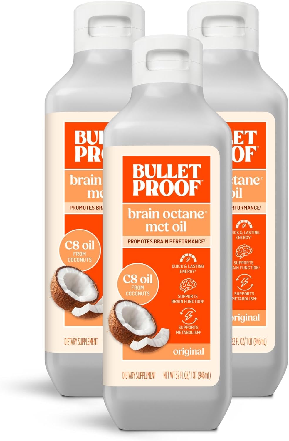 Bulletproof Brain Octane C8 MCT Oil, 32 Ounces (Pack of 3), Keto Supplement for Sustained Energy and Craving Support