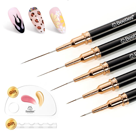 Beetles Liner Brushes for Nails 5pcs - Metallic Nail Art Brushes Black Nail Art Pens Liner Sizes 5/9/15/20/25mm with Palette Holder Painting Manicure Design Tools for Long Lines, Details, Fine Drawing